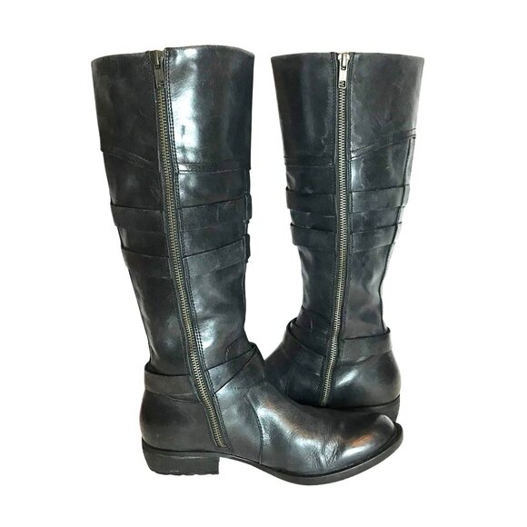 BORN Black Leather Tall Knee High Wide Calf Riding Boot Womens 7 Side Zip - Picture 3 of 10